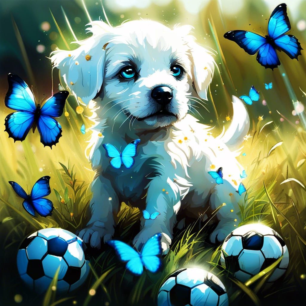 Cute Puppy with Soccer Ball and Butterflies