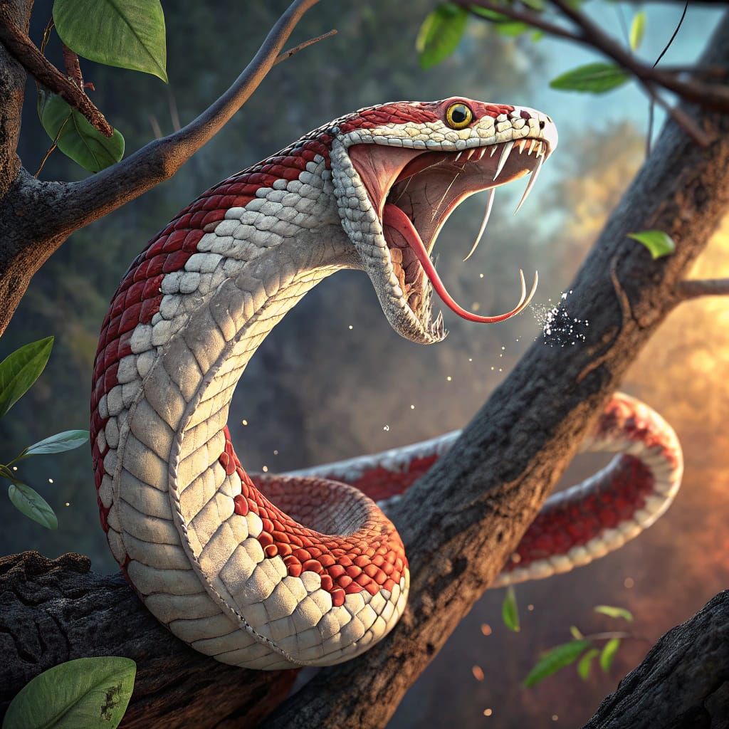 Red and White Snake with Fangs in Hyperrealistic Style