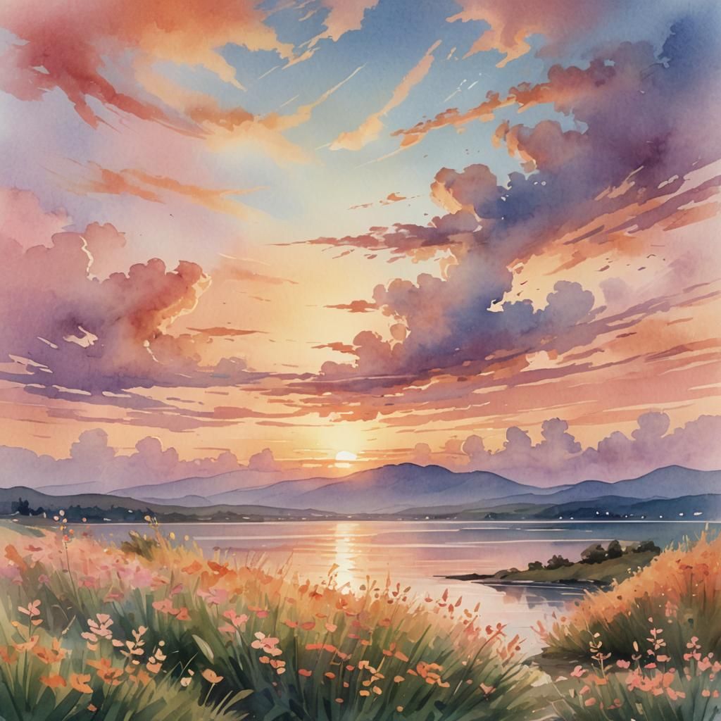 Serene Summerscape Sunset in Digital Watercolor Style