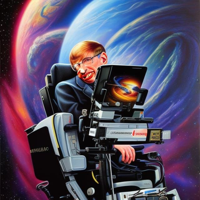 Hawking Rides Andromeda in Retro Sci-Fi Oil Painting