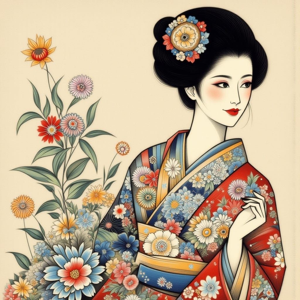 Minimalist Japanese Woman in Yukata with Embroidery