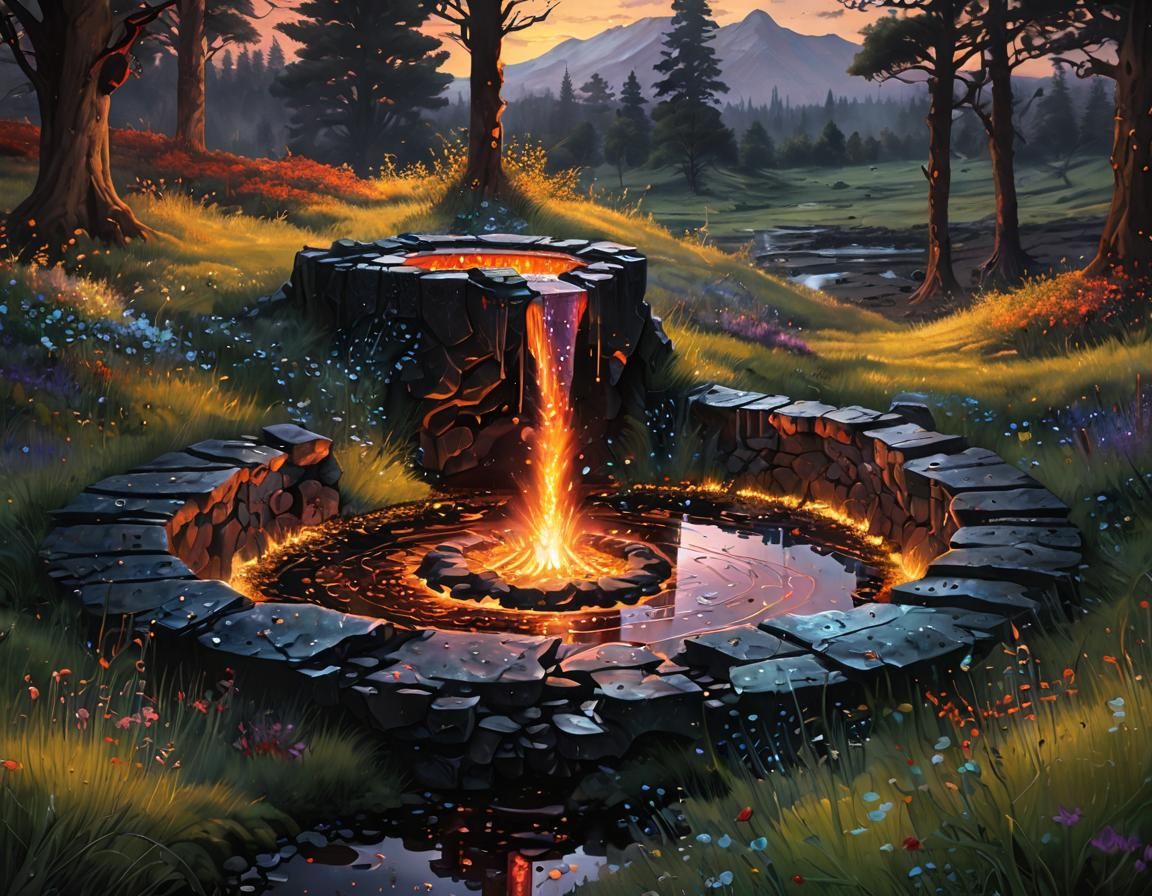 Fiery Lava Landscape with Crystalline Dew Drops