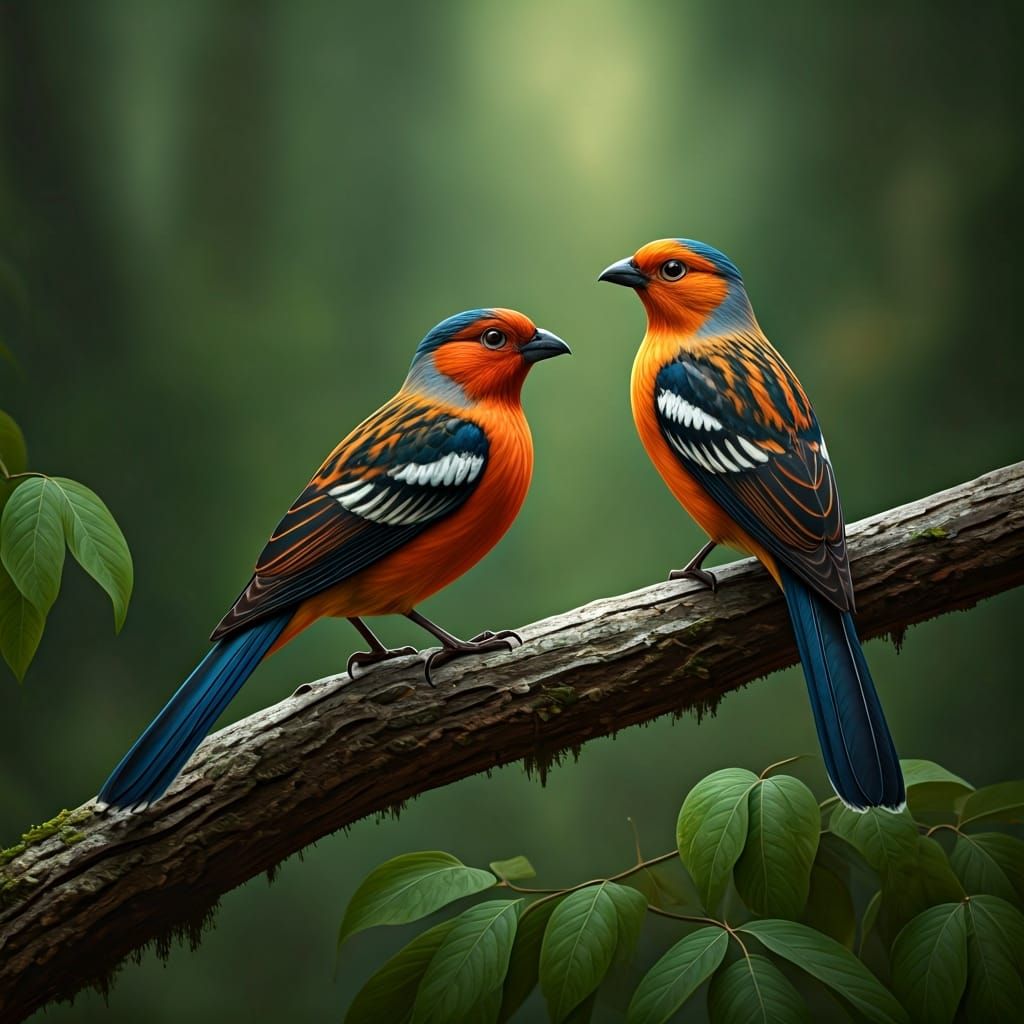 Vibrant Birds in Lush Setting, Digital Painting