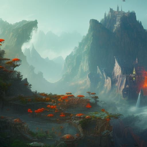 Fantastical Breakfast in Detailed Matte Painting Style