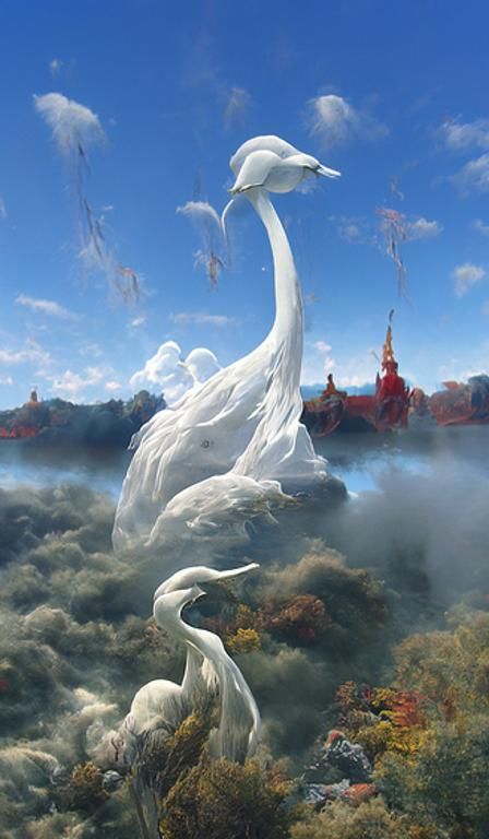 Golden Swans in Mystical Autumn Fantasy Landscape