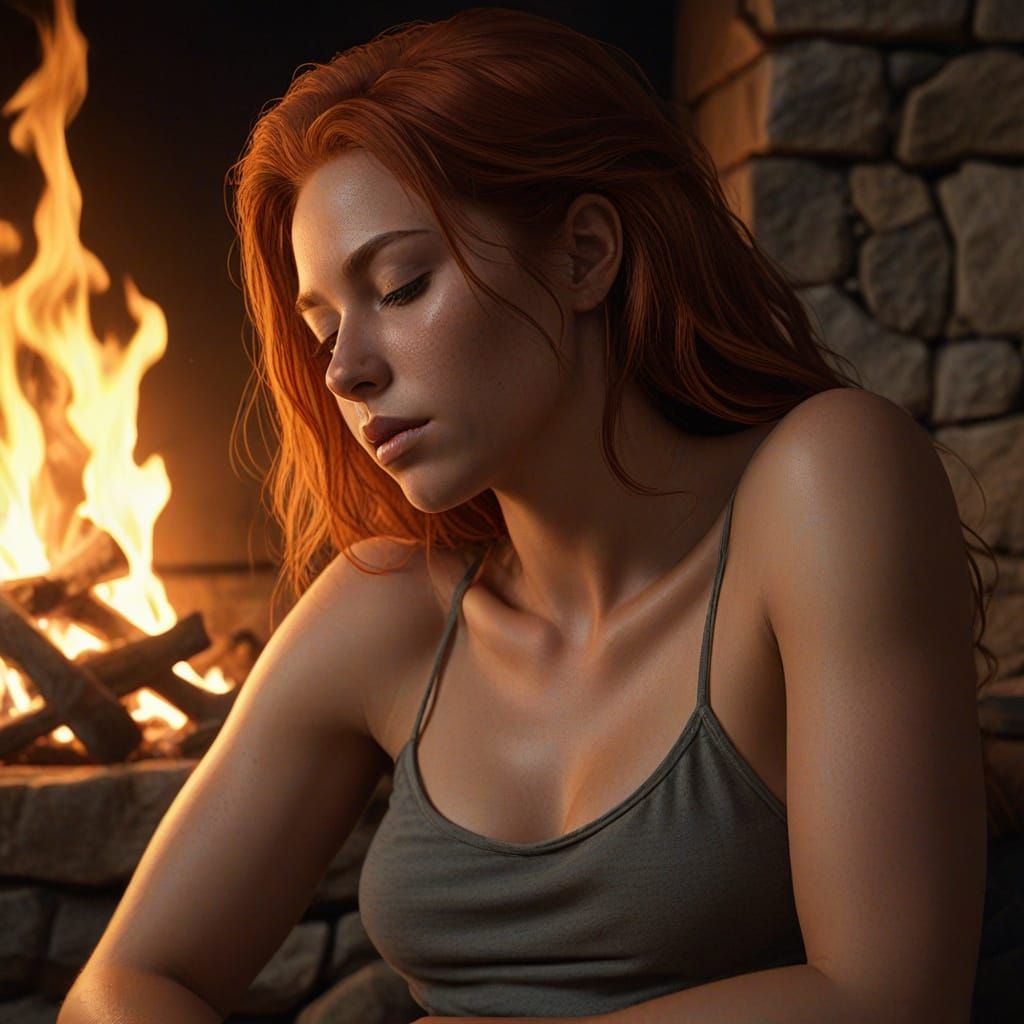 Red Haired Woman Sleeping by Firelight, Realistic Fantasy Ar...