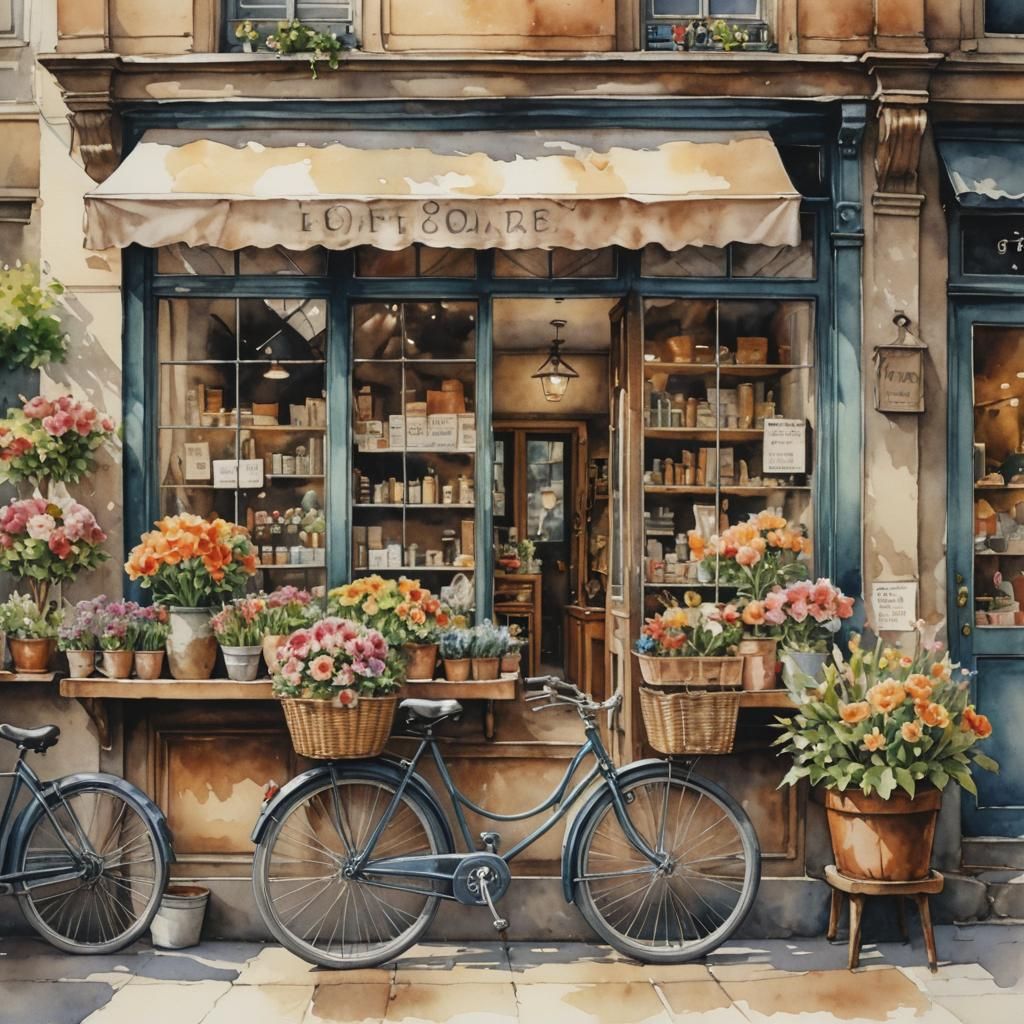Antique Watercolor Flower Shop with Vintage Bicycle