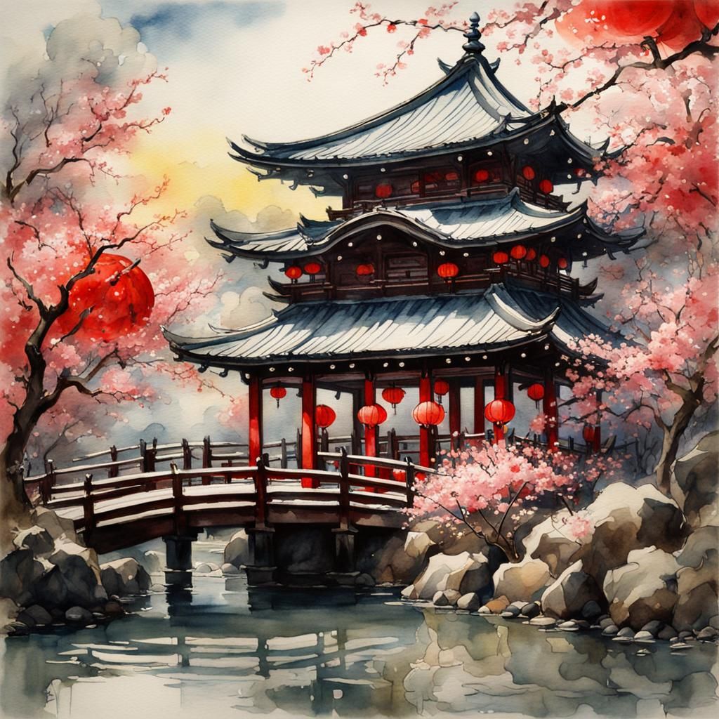 Japanese Pavilion in Watercolor with Cherry Blossoms
