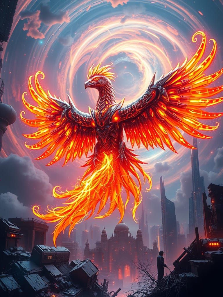 Futuristic Biomechanical Phoenix in Neon-Hued Nebula