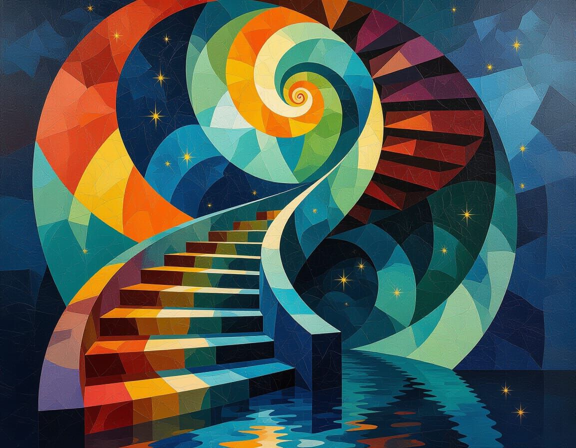 Surreal Impasto Painting of Twisting Stairs to Infinity