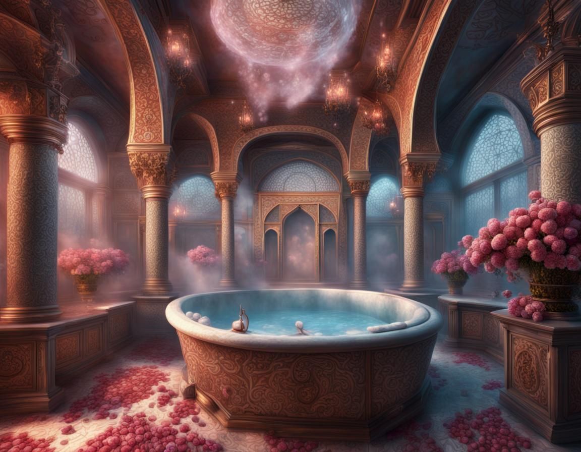 Detailed 3D Turkish Bath with Steam and Flowers