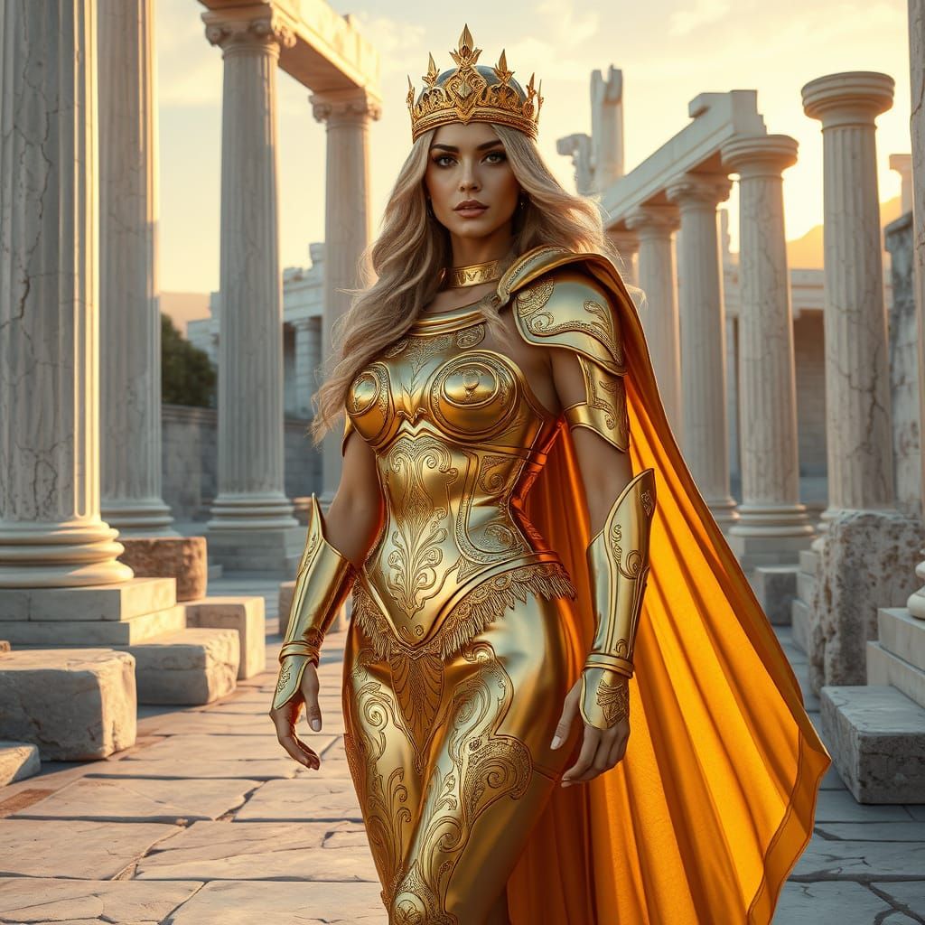 Elegant Warrior Amidst Ancient Greek Ruins in Golden Armor