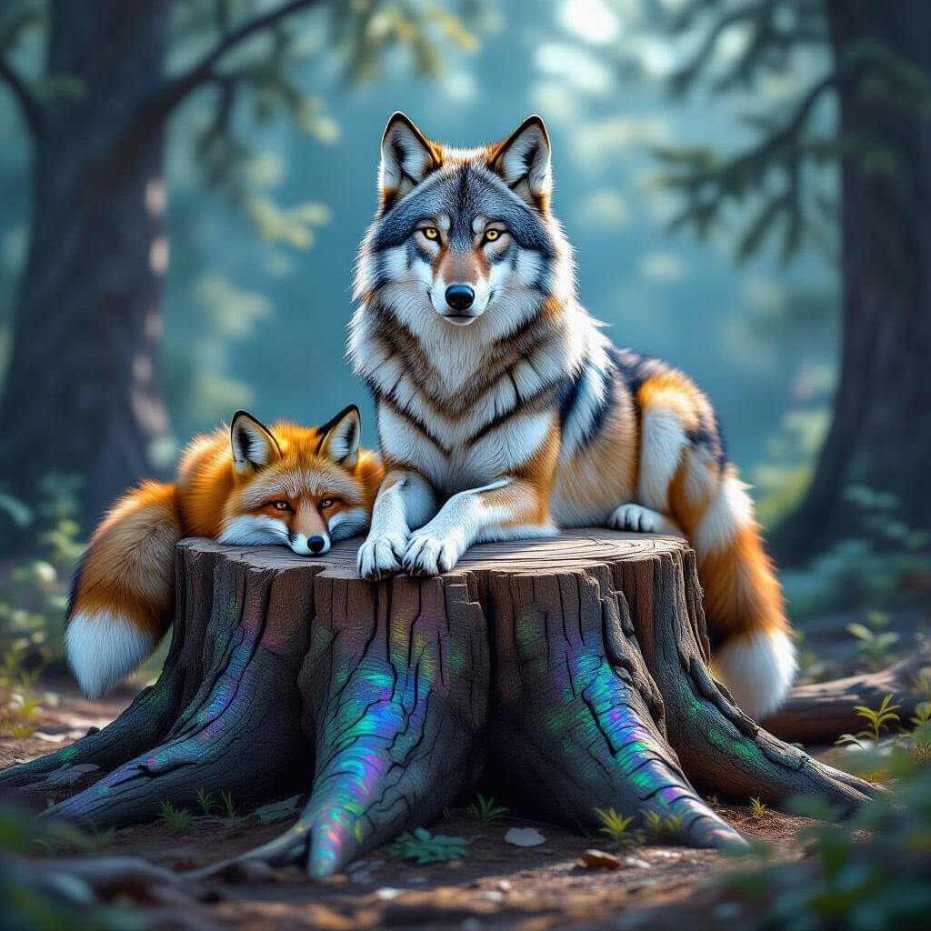 Wolf and Fox on Iridescent Stump in Dreamlike Style