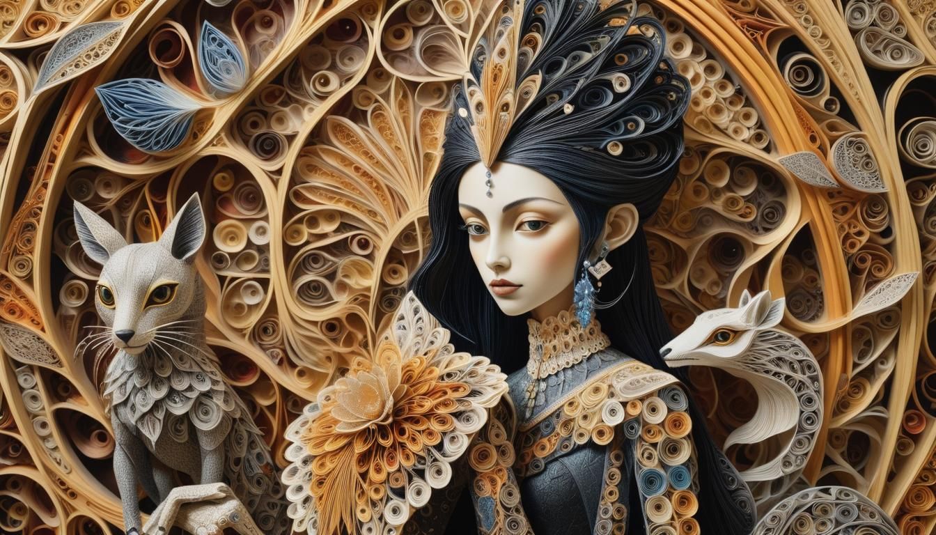 Surreal Woman with Quilled Animal, Mystical Interior