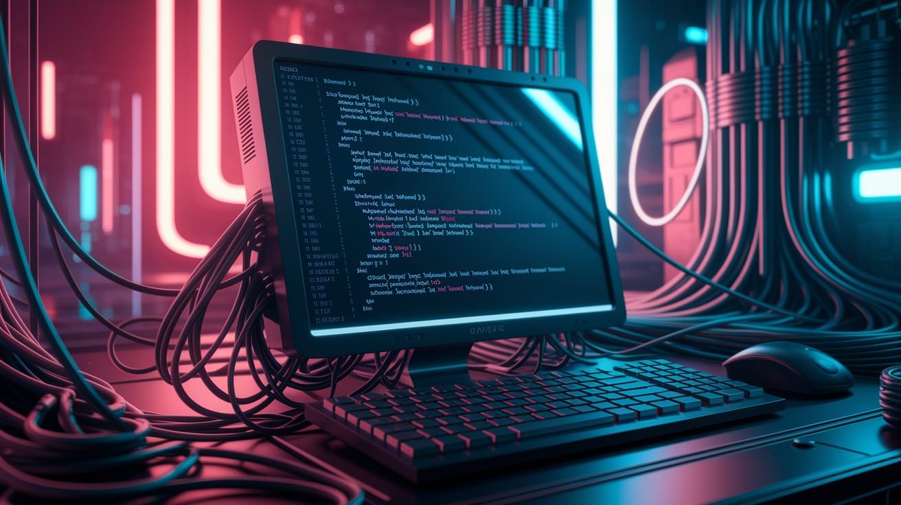 Cyberpunk Computer Screen with C++ Code and Wires