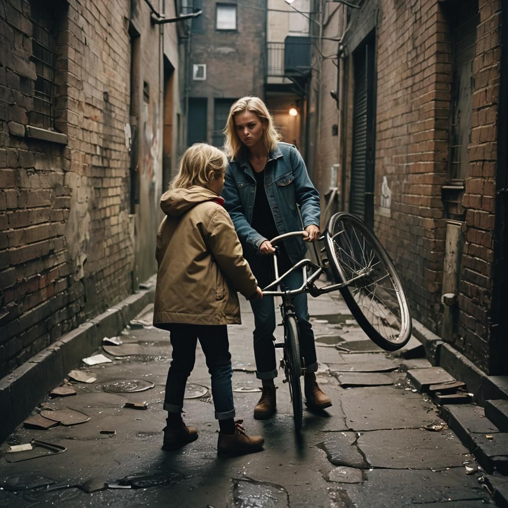 Regretful Woman Kicks Bicycle Wheel in Gritty Alley