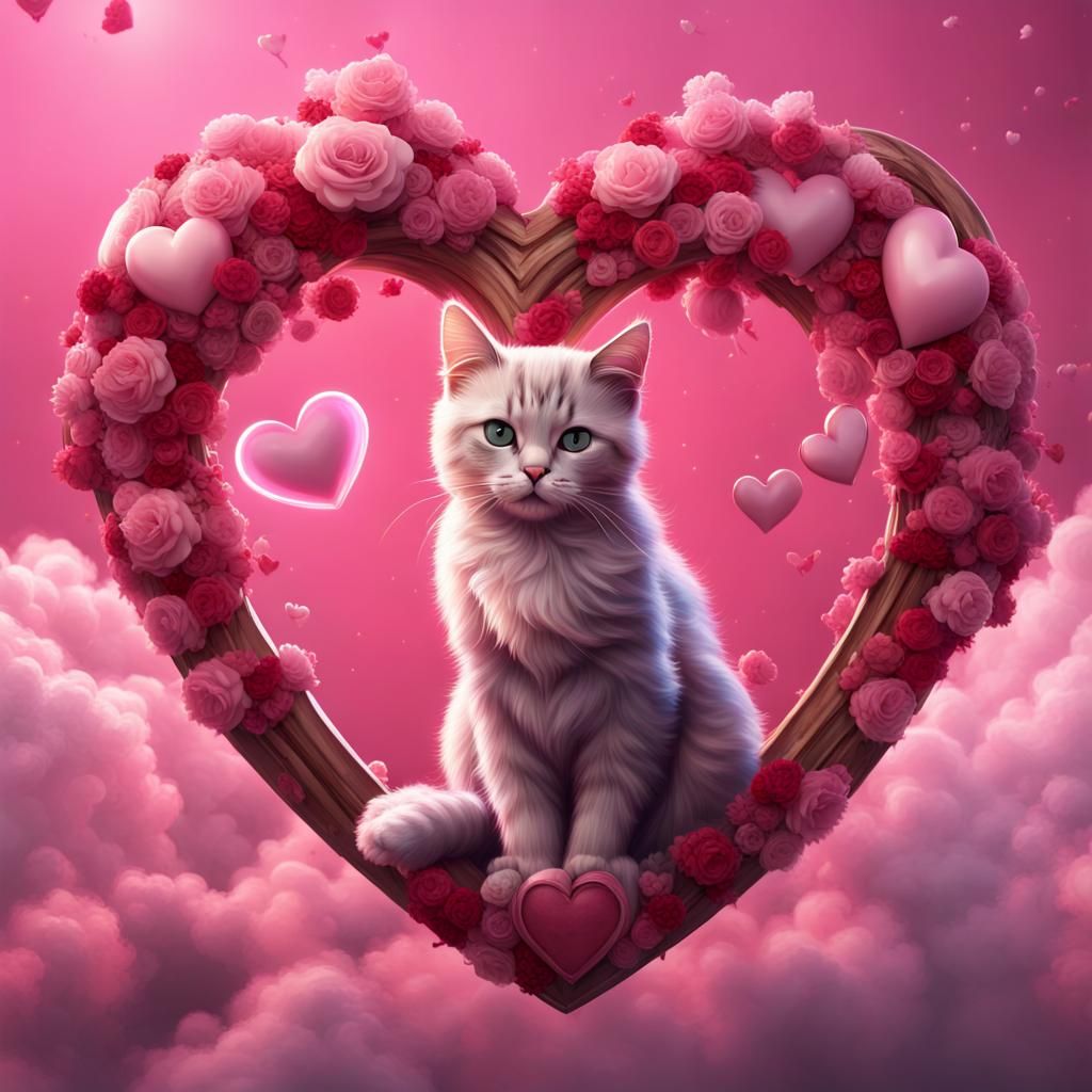Cats in Heart with Pink Clouds: Valentine's Day Art