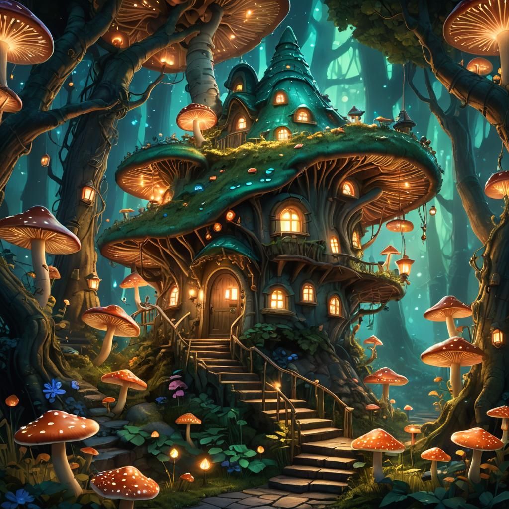 Mushroom House in Lush Forest, Fantasy Concept Art