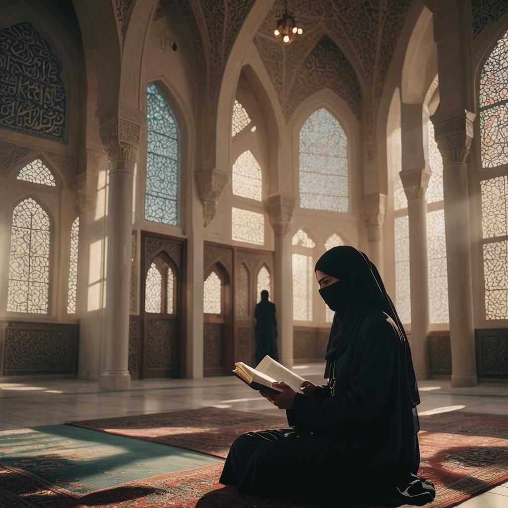 Niqab Woman Reading Quran in Mosque: Cinematic Lighting