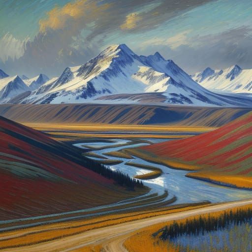 Alaskan Wilderness Landscape in Vibrant Neo-Impressionist St...