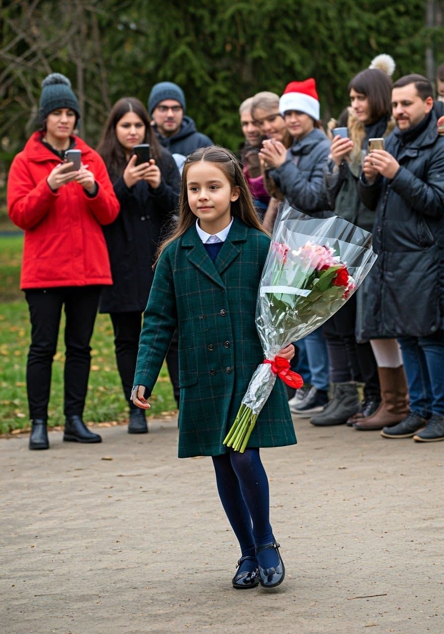 Young Princess Surrounded by Adoring Crowd in Winter Wonderl...