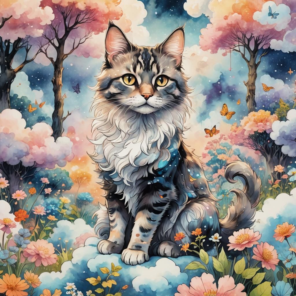 Cat-Dog Breed in Fantasy Garden, Anime Style