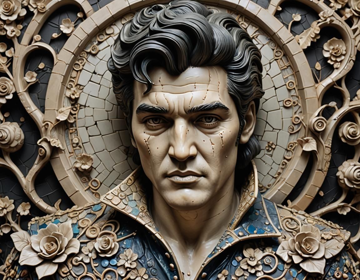 Elvis Presley (Nerikomi Glazed Stoneware (Fantasy Sculpture With crackled Heavily- Detailed Underglaze:1.7)
