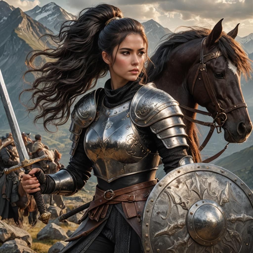 23 year old female, long sleek black bouffant ponytail, battered armour, sword held in right hand, dented metal shield o...