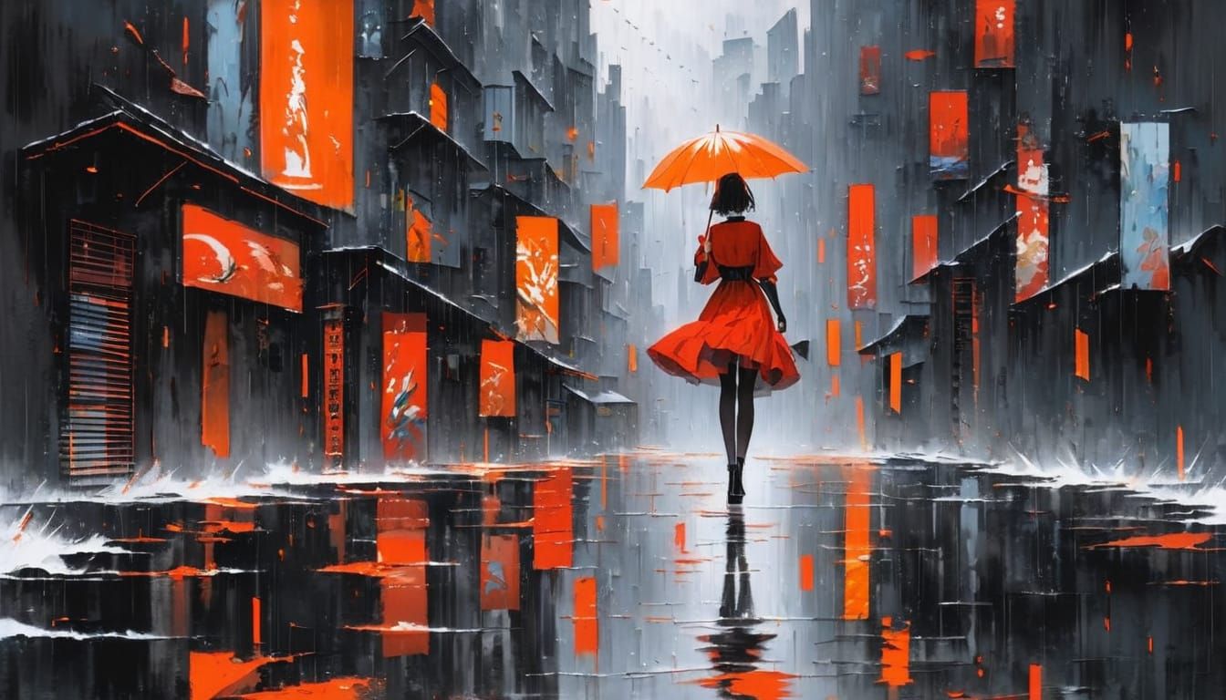 Woman in Red Dress: Abstract Impressionist Gouache Painting