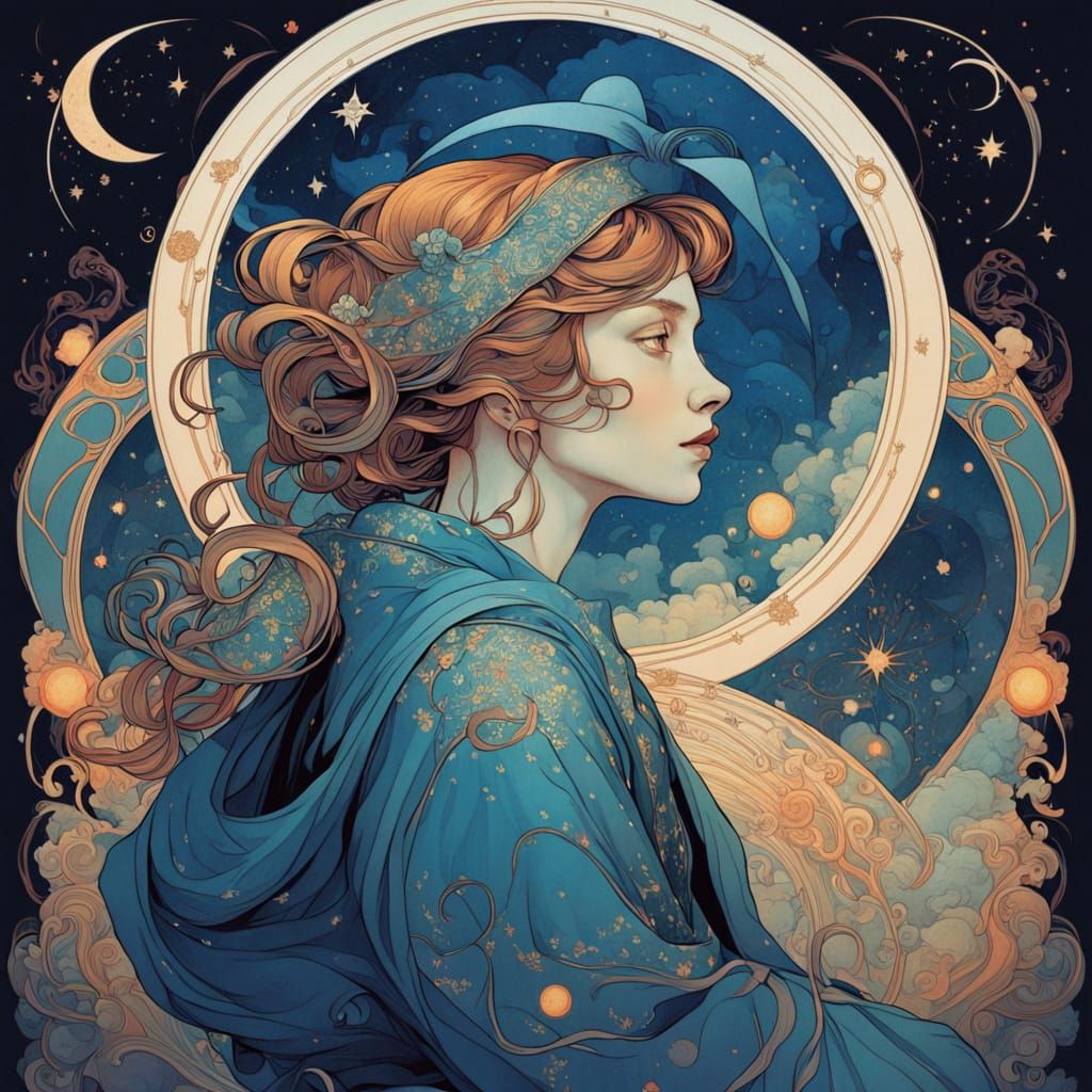 Celestial Cartographer in Starlit Library, Watercolor Style