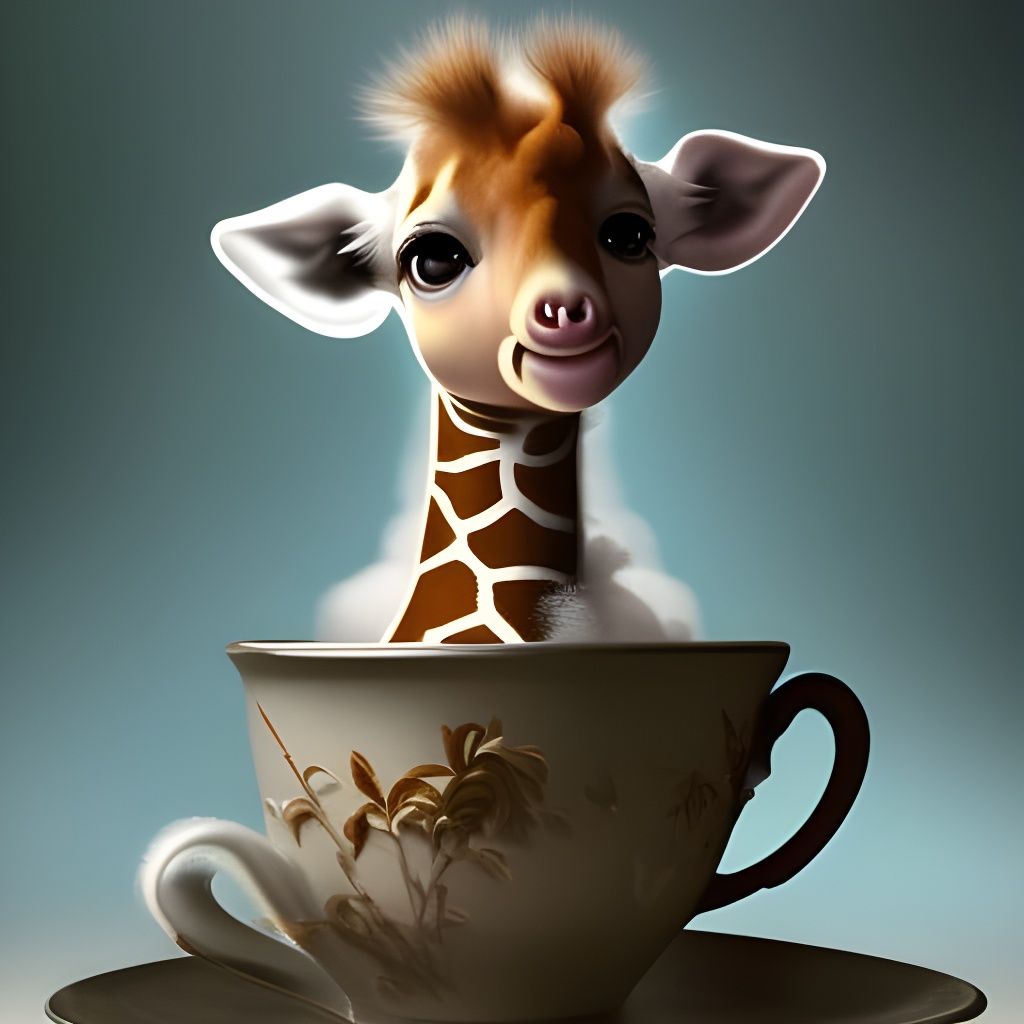 Baby Giraffe Dreams in Teacup: 3D Magical Realism