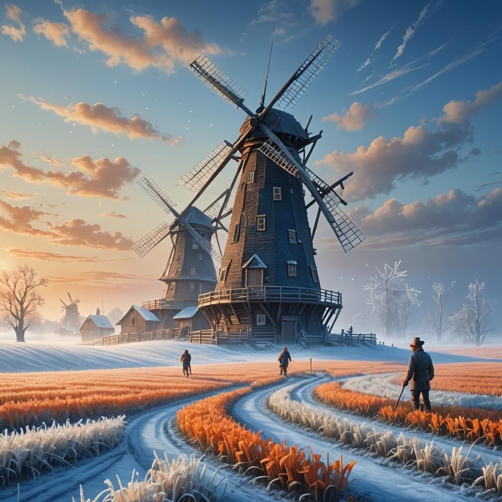 Windmill Farmer Plants Windmills on Frosty Morning