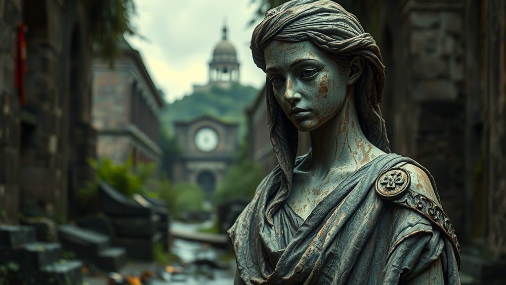 Statue in Ruins with Cinematic Lighting