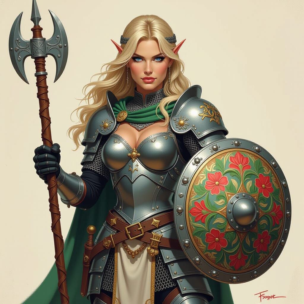 Half-Elf Paladin Woman with Flail in Fantasy Art Style