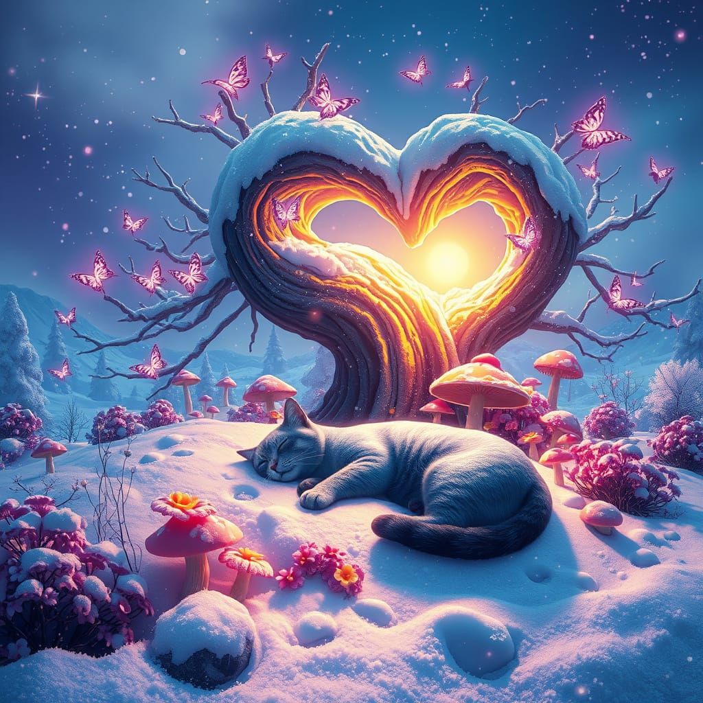 Surreal Winter Wonderland with a Sleeping Blue Cat