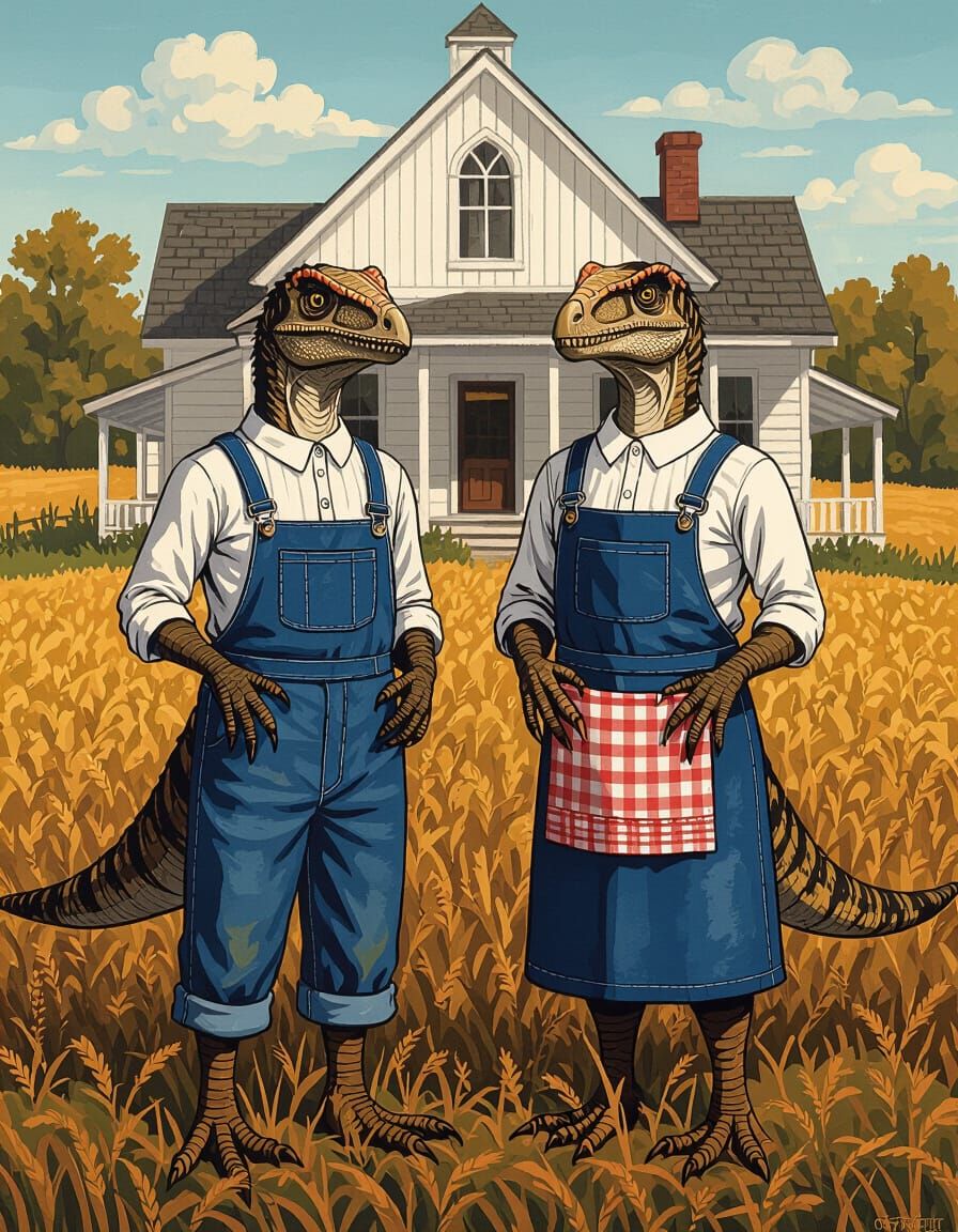 Velociraptor Parody of American Gothic Painting