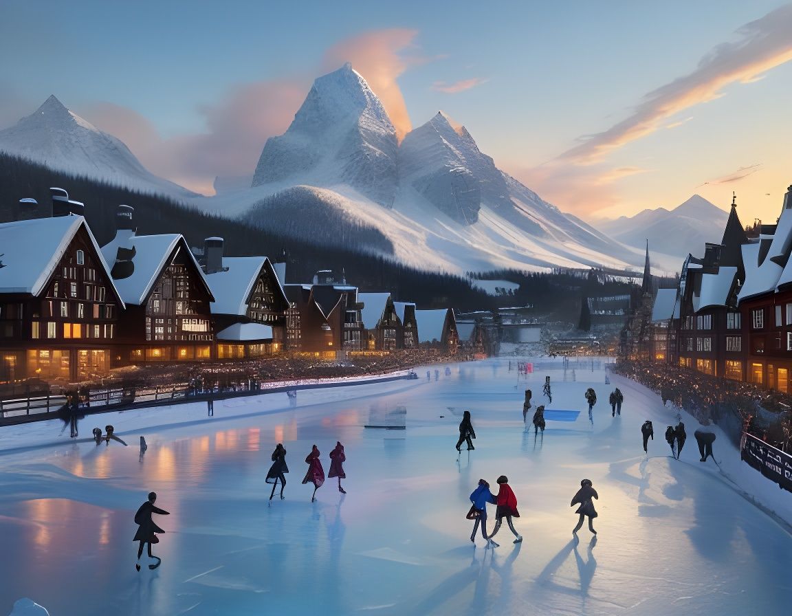 Ice Skaters on Frozen Lake, Oil Painting