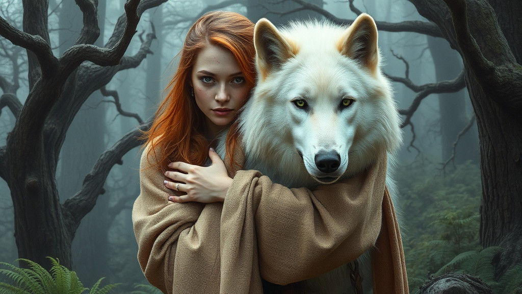 Druid and White Wolf in Fantasy Forest