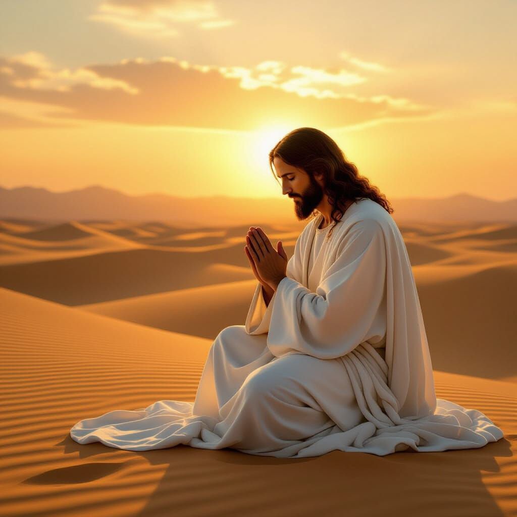 Jesus Christ in Prayer in Desert at Sunset