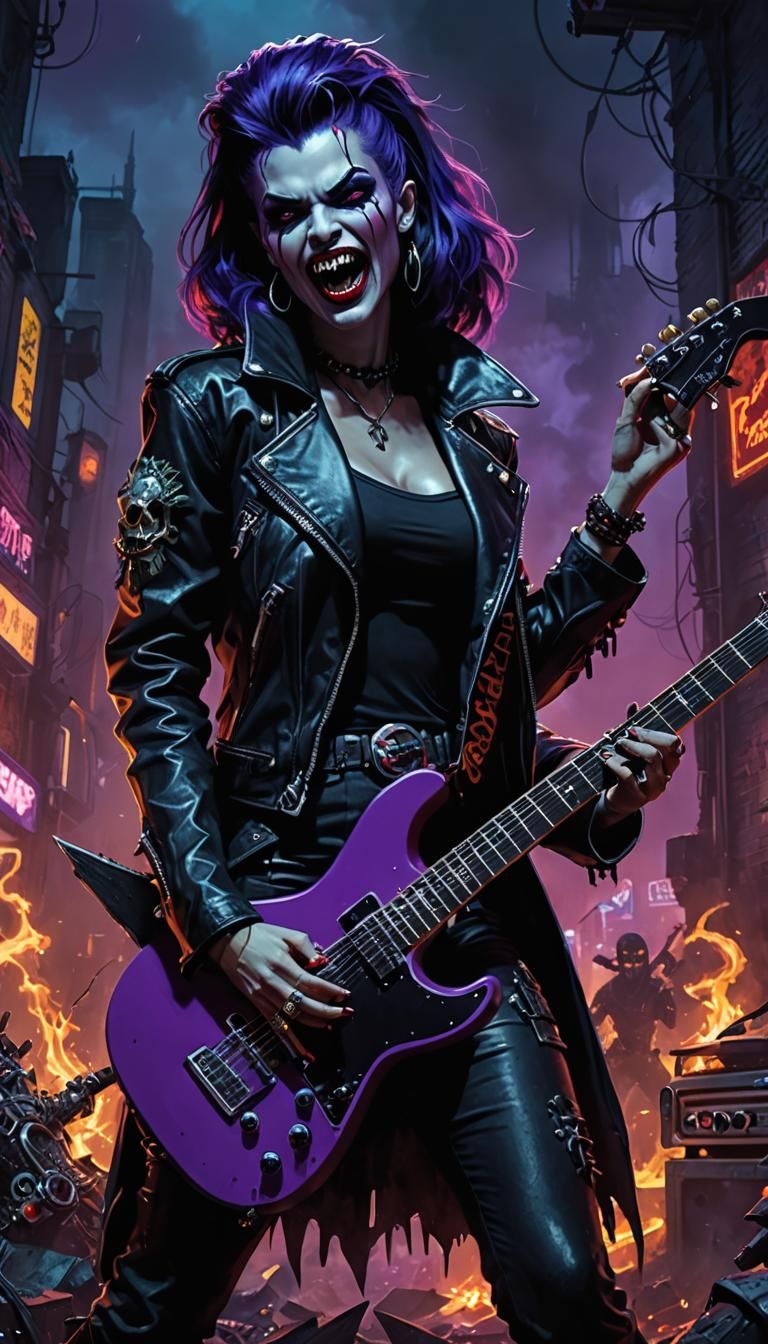 A Cyberpunk Punk Rock Guitar Playing Vampire with oversized Fangs