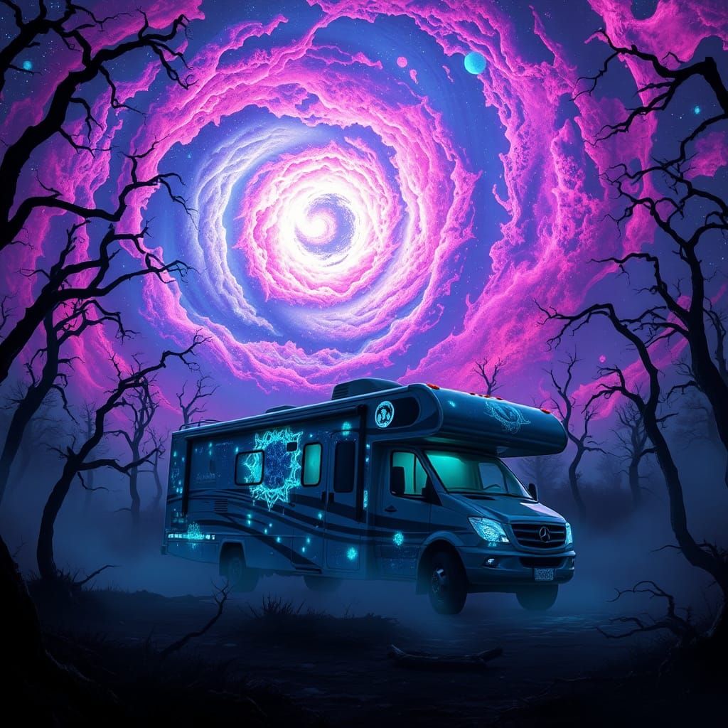 Bioluminescent RV Under Cosmic Sky, Ayahuasca Art