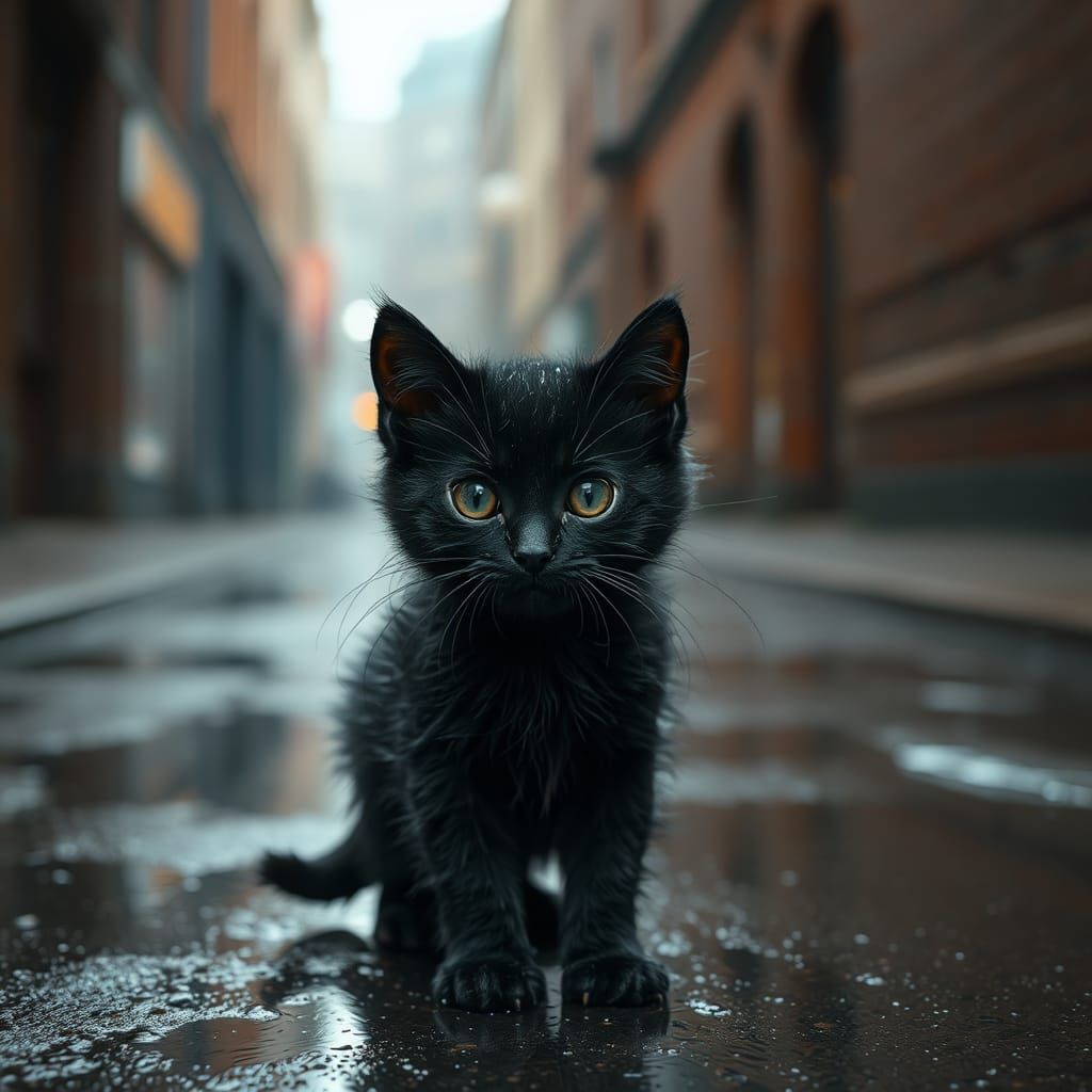 Black Kitten in Rainy Alley: Photorealistic Animal Portrait