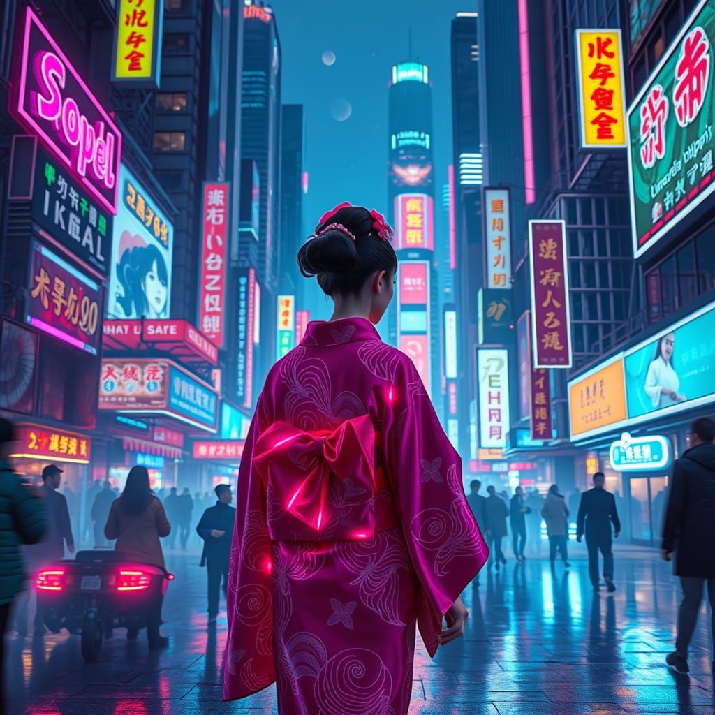 Neon Geisha Walks in Cosmic Cyberpunk City