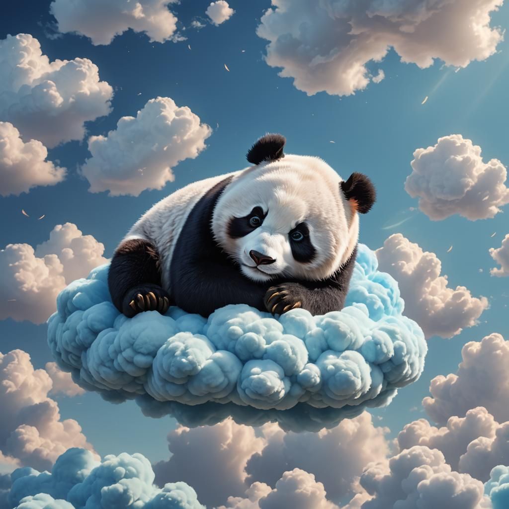 Charming Blue Panda Sleeping on Cloud in Anime Style