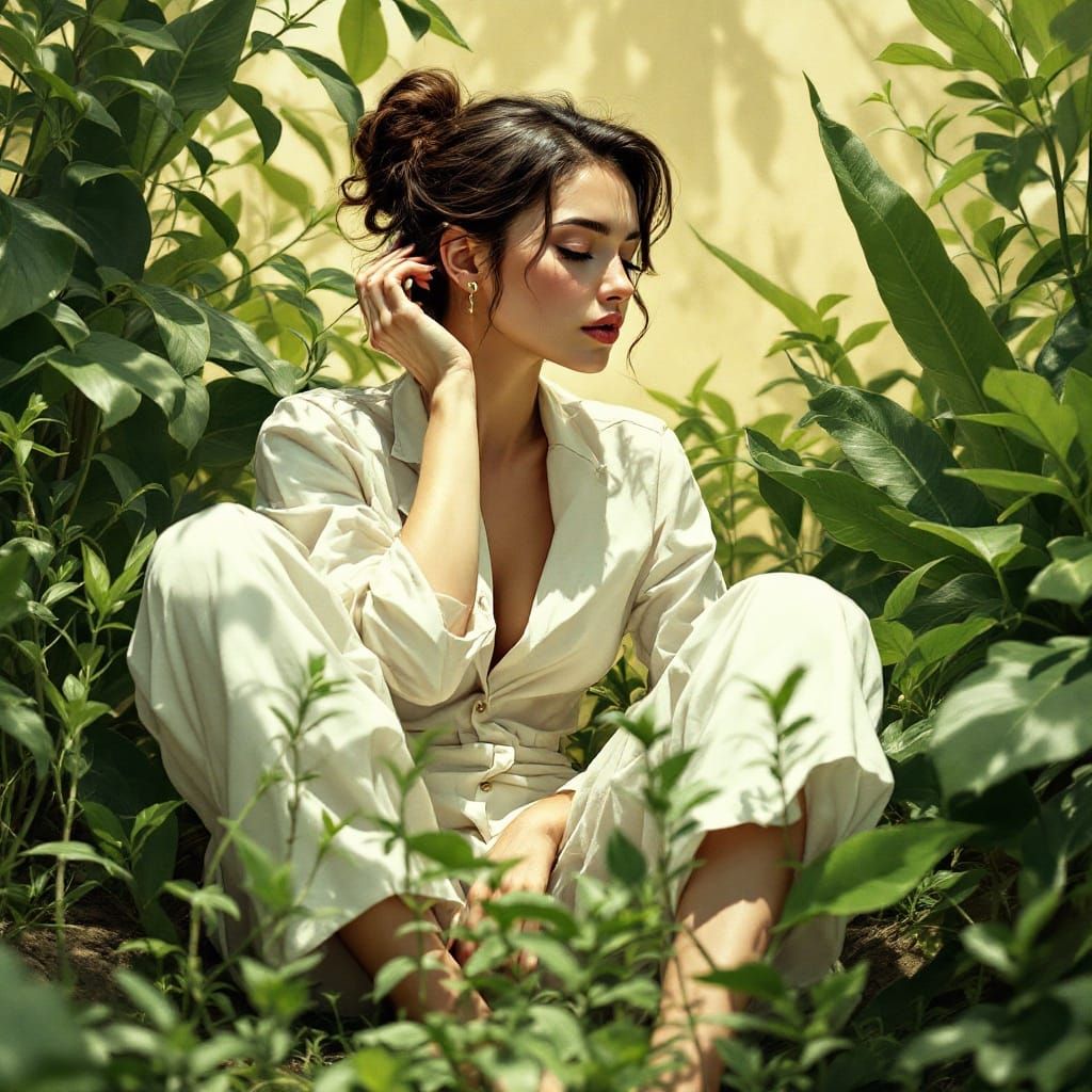 Woman with Natural Supplement Bottle on Dark Green Shelf