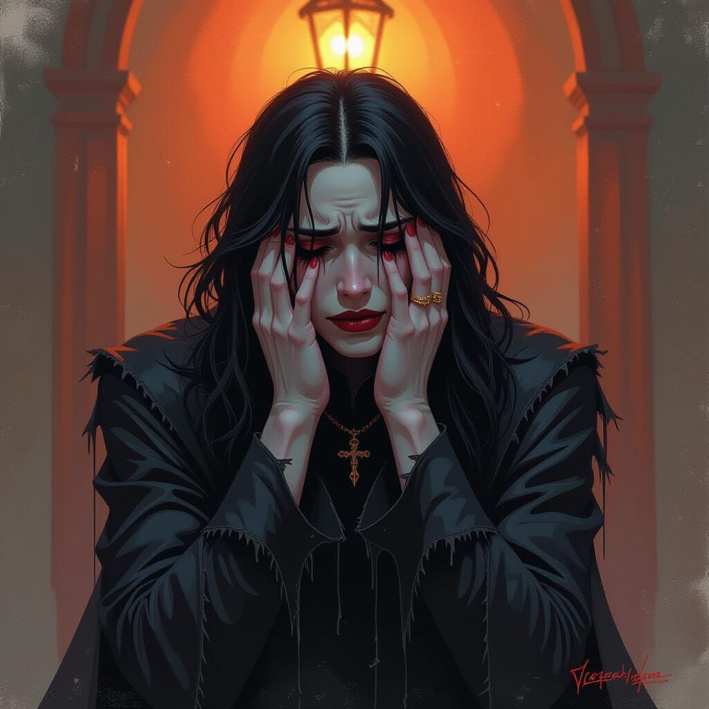 Distraught Vampire Breaks Down in Tears: Gouache Painting