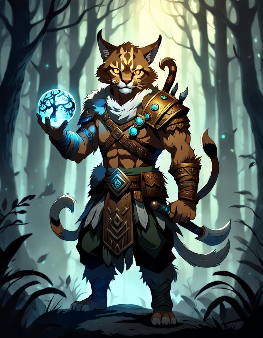 Tabaxi Barbarian in Forest with Mystical Orb