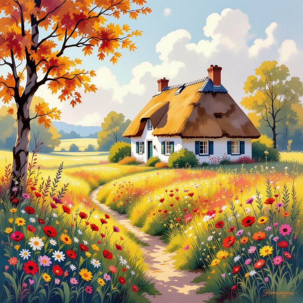 Charming Autumn Cottage in Watercolor and Oil