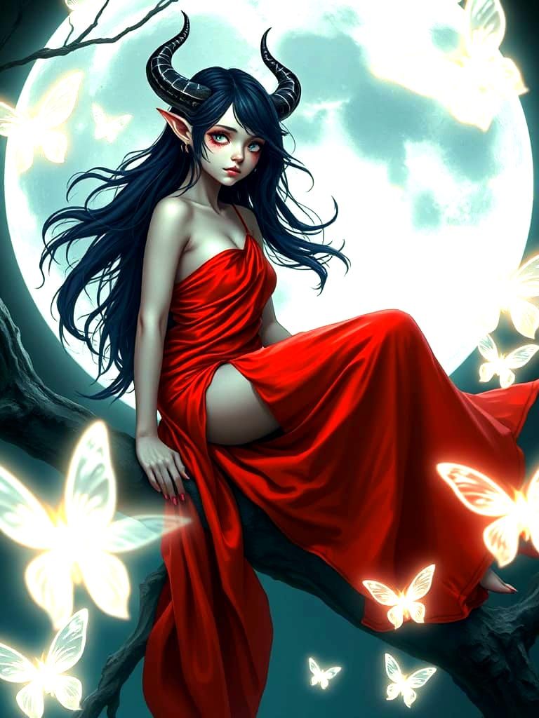 White Demon on Branch in Digital Painting Style