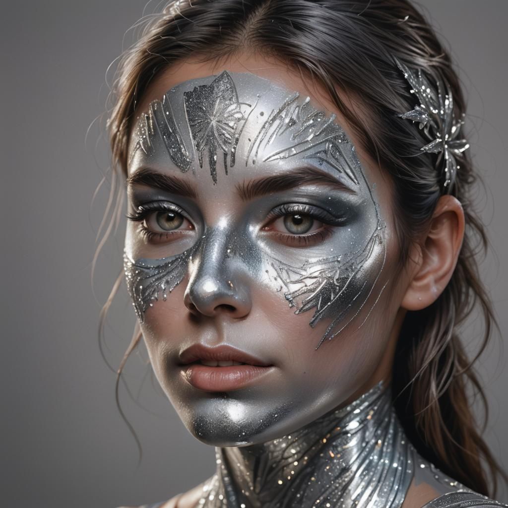 Woman with Silver Metallic Face Paint in Hyperrealistic Styl...